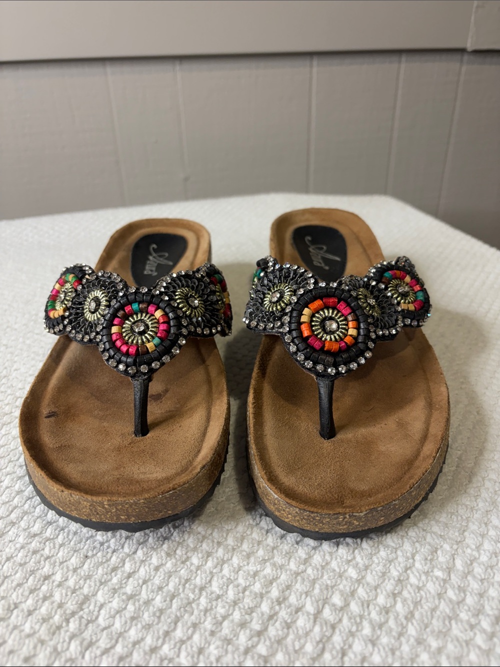 Azura by Spring Step Boho Mayra Beaded Leather Sandals Black Multi Size 40 US 9